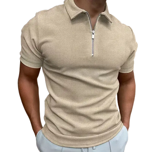 Summer New Men's Zipper Waffle Polo Shirt Short Sleeve Waffle