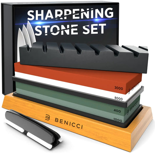 Deluxe Knife Sharpening Stone Kit - Includes Flattening Stone & 2 Nonslip Bases w/Angle Guide - Superior Whetstone Safety Sharpener Set w/Bamboo Base