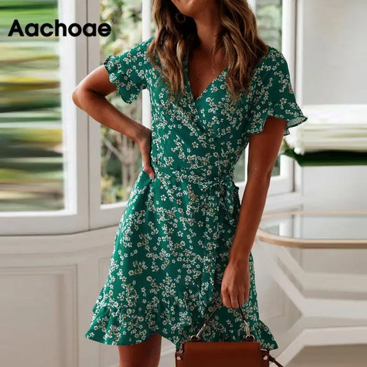 Women's Summer V-Neck Floral Print Mini Dress