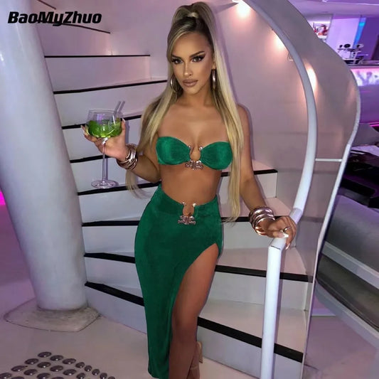 ZAFUL Metal Hardware Jersey Bandeau Top and Skirt Set Women Outfits Party Y2K Strapless Crop Top And Midi Bodycon Skirt Set