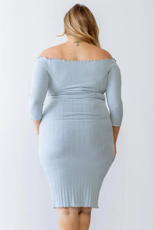 Plus Size Blue Ribbed Off-The-Shoulder Midi Dress